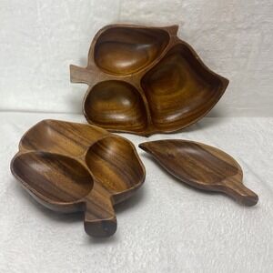 Set of 3 Hand Carved Monkey Pod Wood Leaf Shaped Dishes Philippines Honolulu